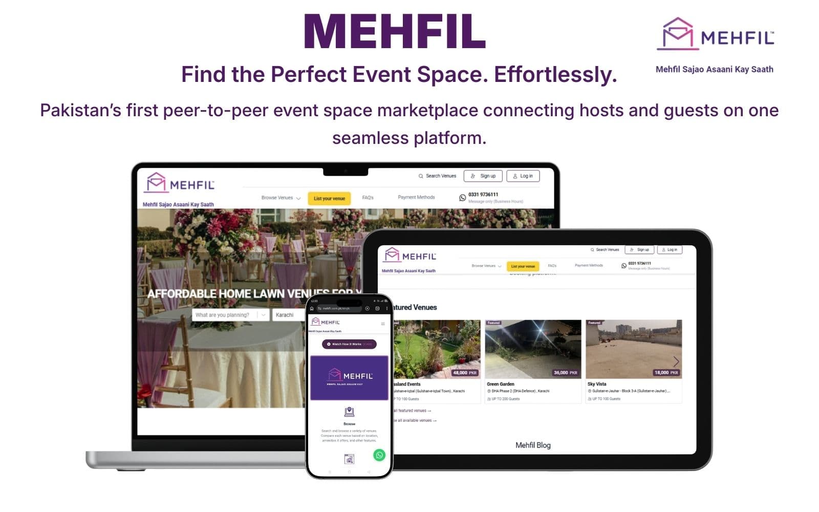 Mehfil peer-to-peer event space marketplace showing venue listings across devices