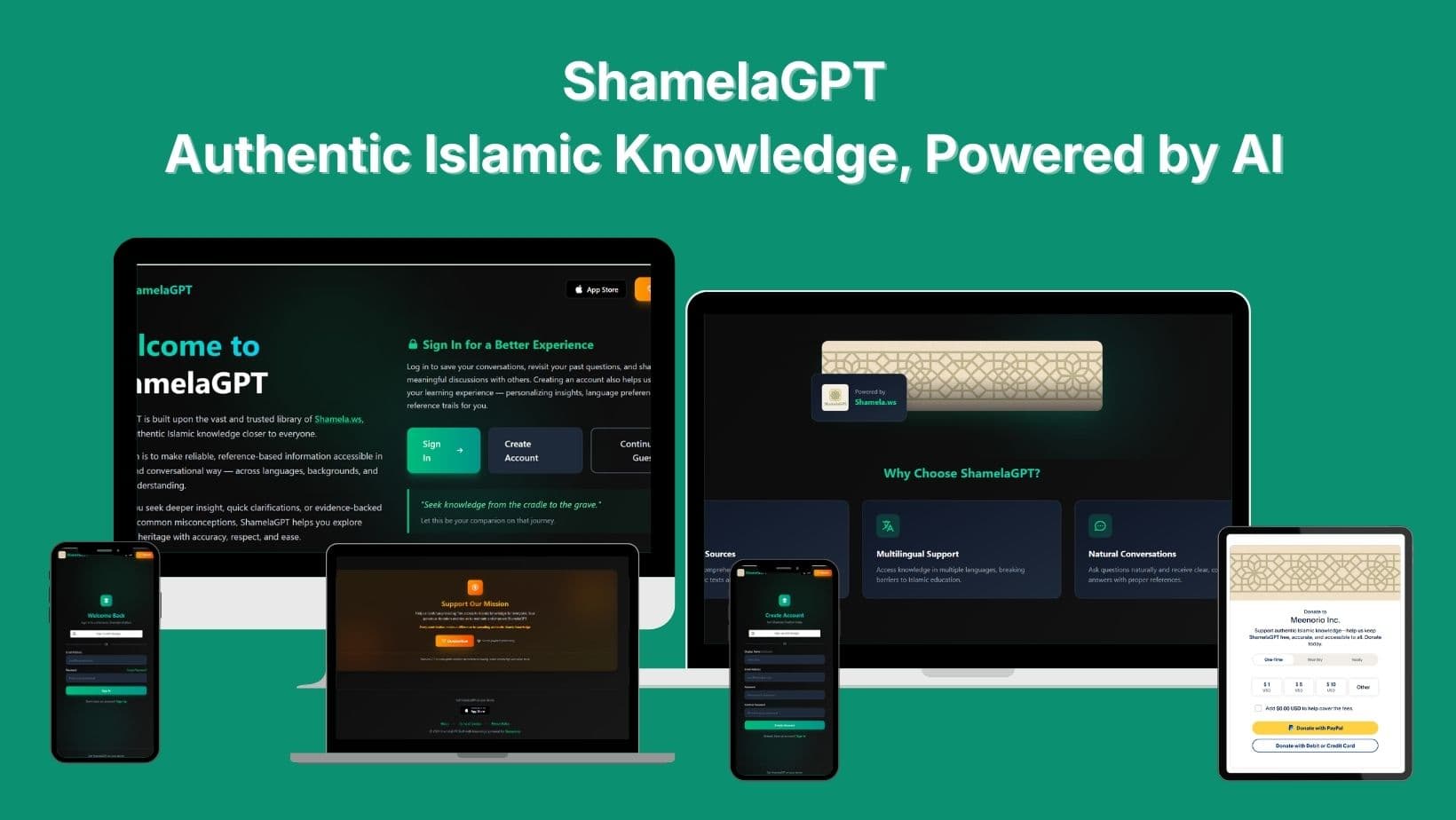 ShamelaGPT AI-powered Islamic knowledge platform showing web and mobile interfaces