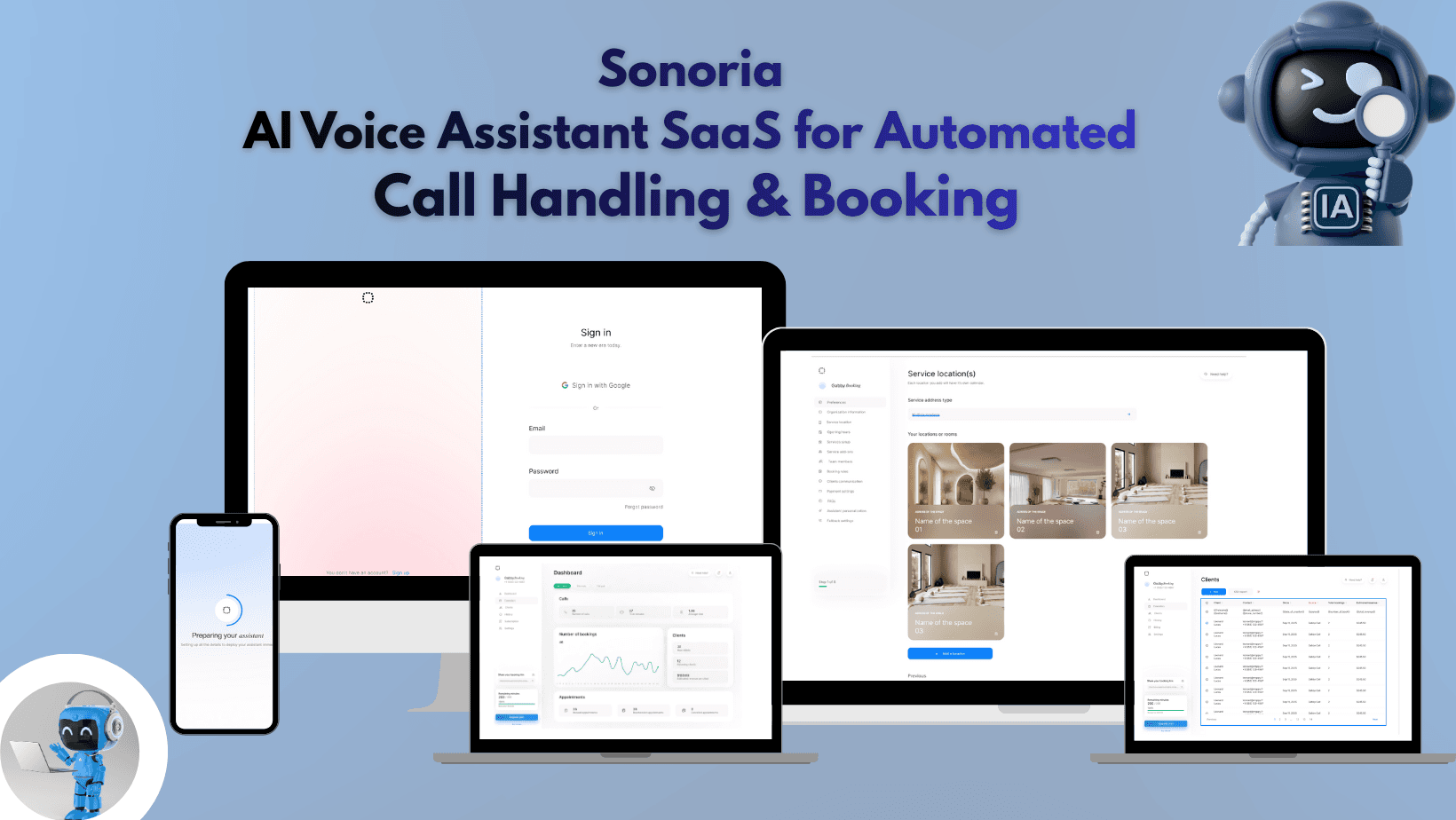 Sonoria AI Voice Assistant platform showing dashboard, sign-in screen, and mobile interface
