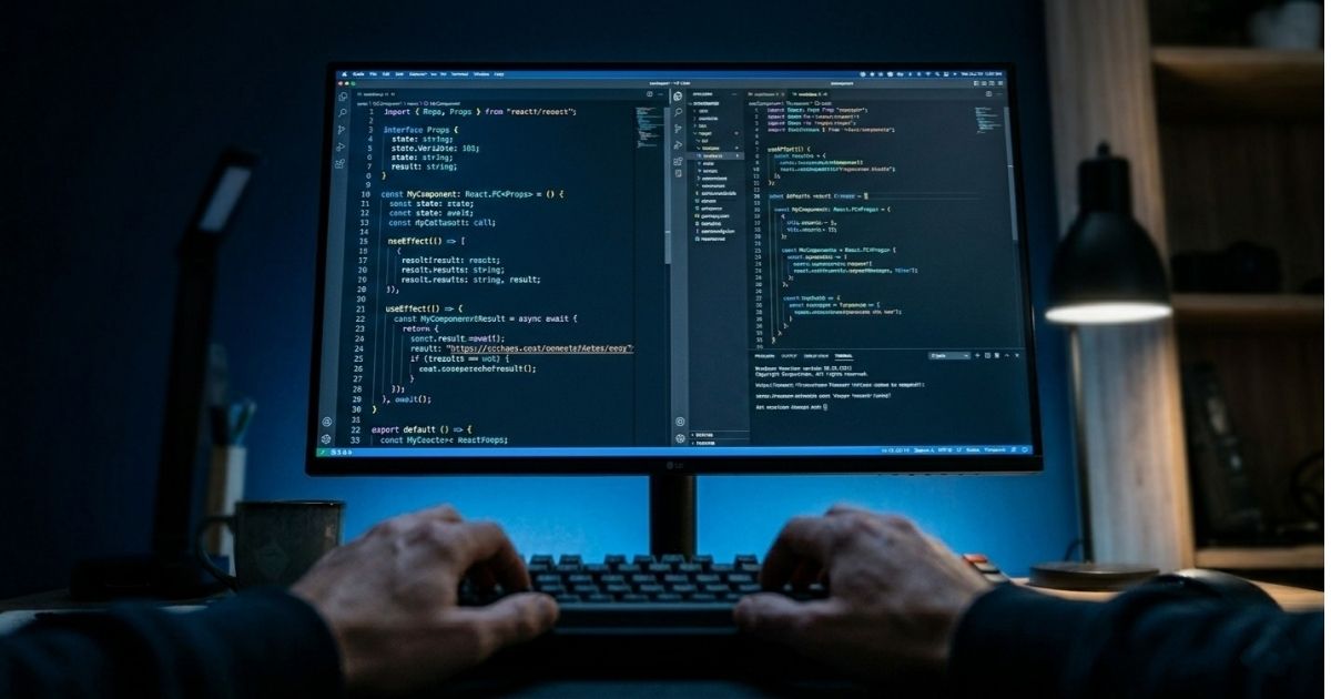 Modern SaaS development workspace with clean code on screen